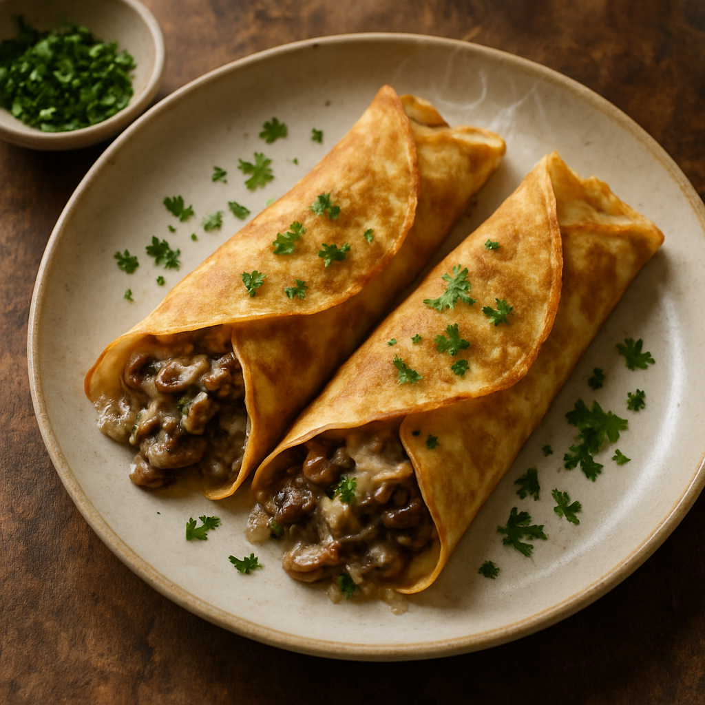 Crepes Recheados com Cogumelos e Gruyère (Crêpes Forestières)