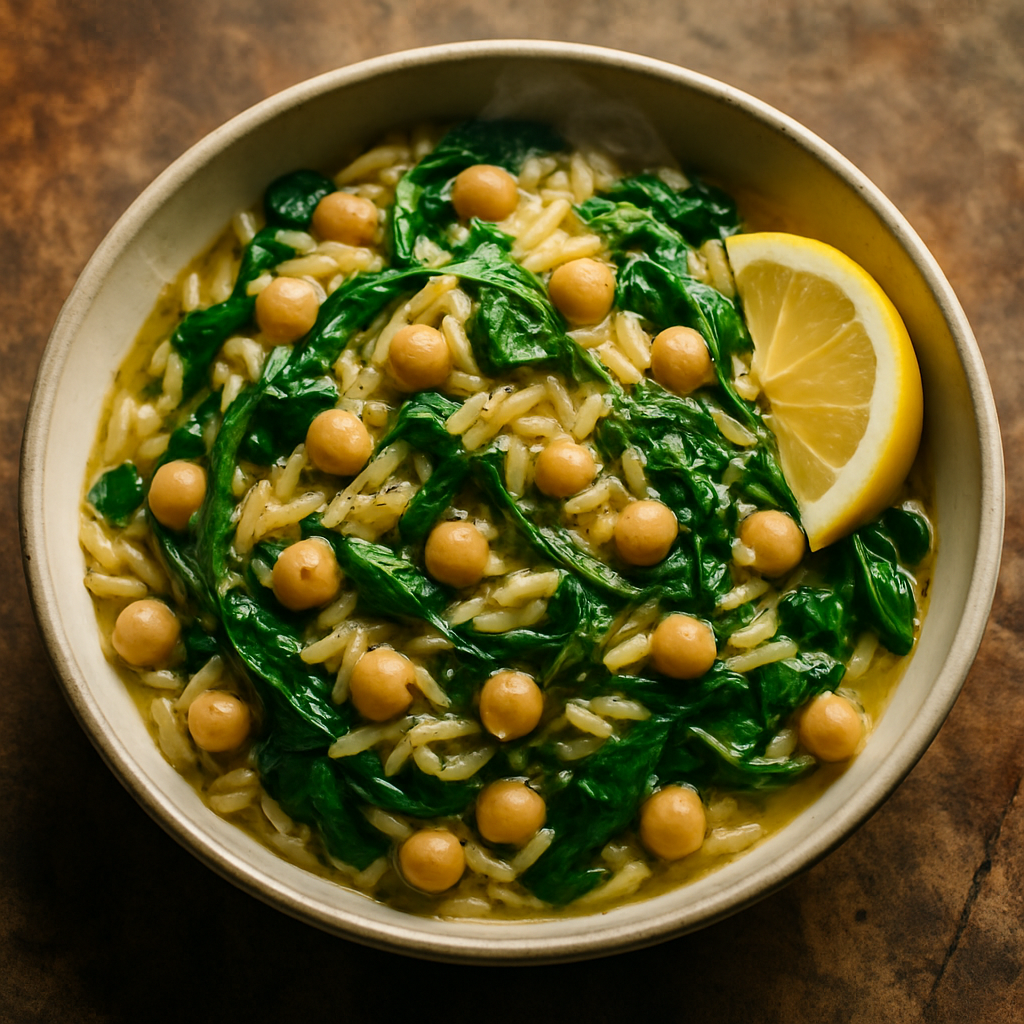 Orzo com Grão-de-Bico, Espinafres e Limão